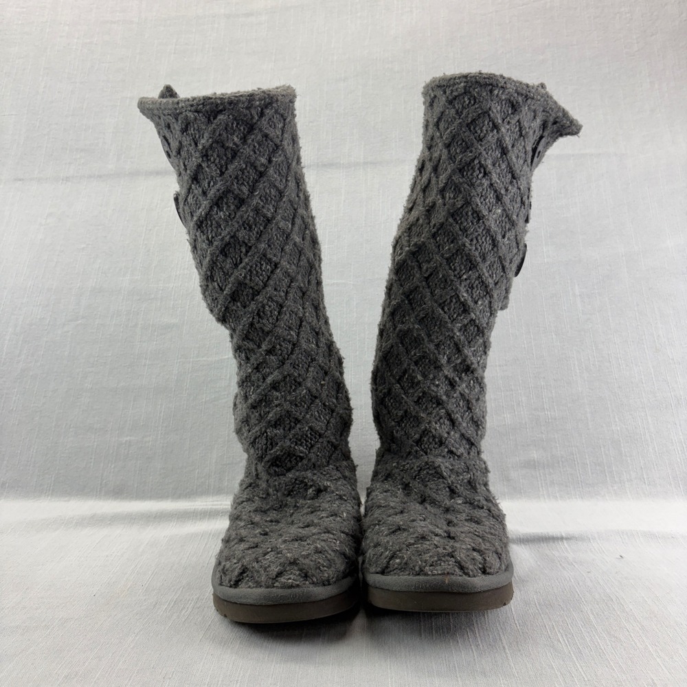 UGG Boots Womens 8 Lattice Cardy Grey Knit 3-Button Tall Winter Boots 3066